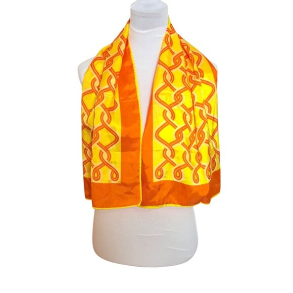 Retro 70s MOD Geometric Scarf Orange Yellow Fashion Links VTG Bold Japan - Picture 4 of 8